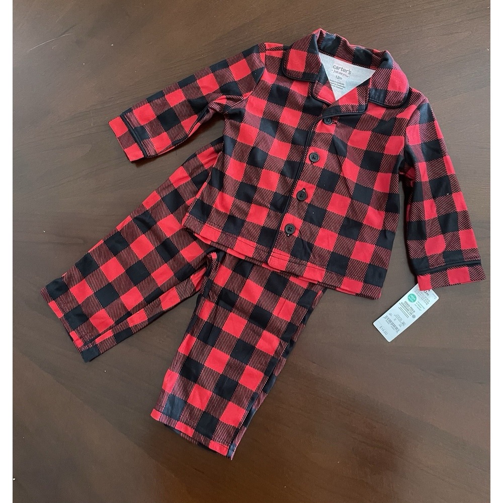 Carter's Baby Boy 12M Red and Black Flannel Plaid Pajama Set New with Tags